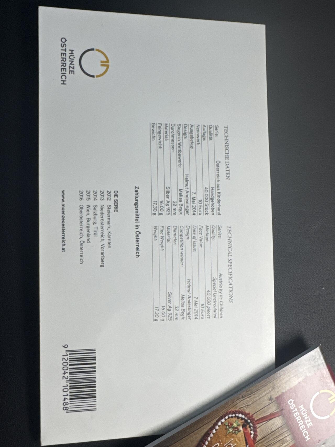 ❤️【币观天下】❤️ 第340期钱币拍卖- 2026.1.23周五晚上6点半场-长期征集拍品 奥地利联邦省系列银币 原厂封装卡册(面值10欧，重量17.3克)2014年蒂罗尔