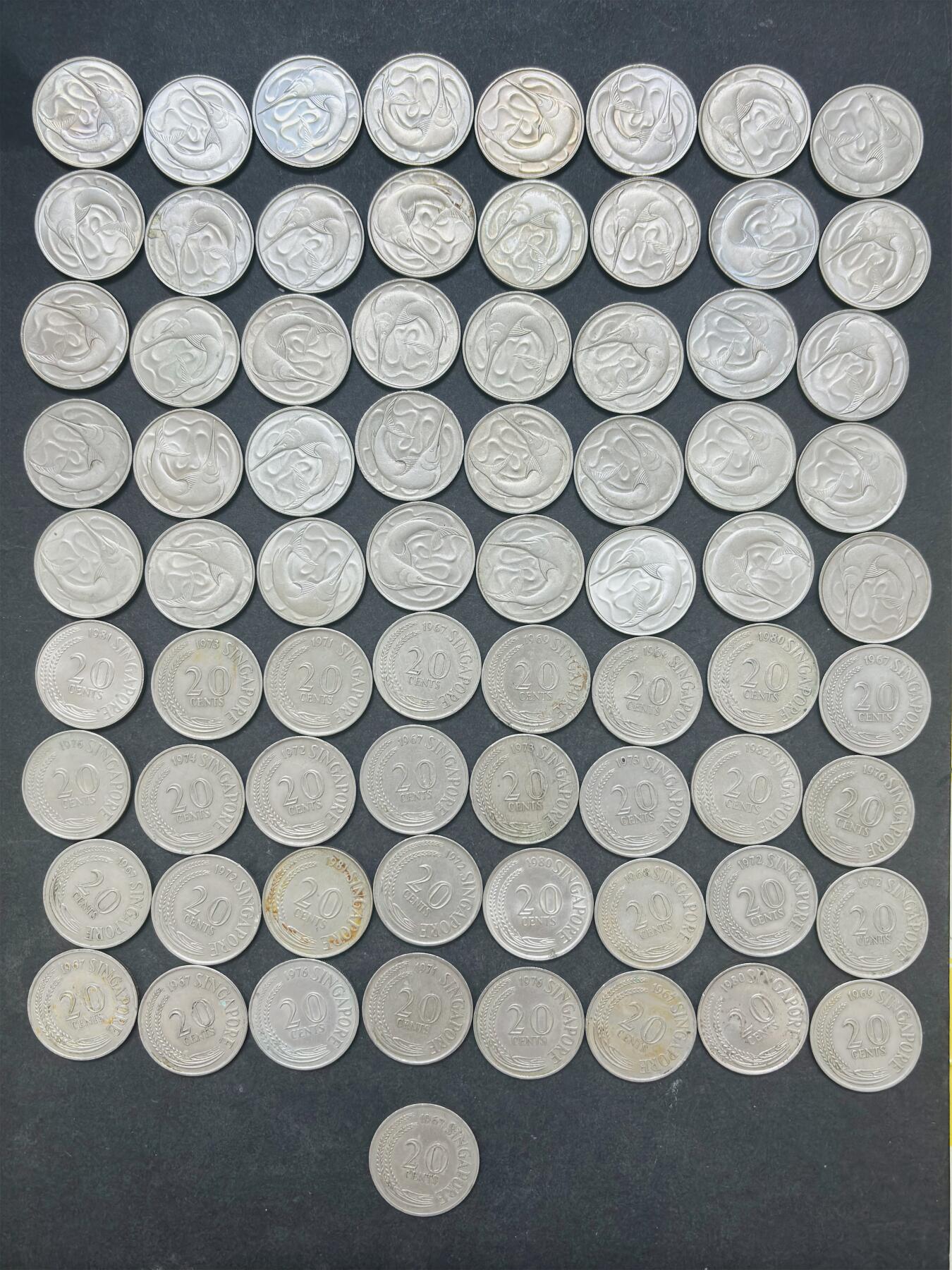 文馨钱币收藏 2026新年第四场（第 290 场）【长期接代拍品】 好品带光，原光品 1967-198×年新加坡老版 20 分剑鱼币，包含很多首发年，细节看图