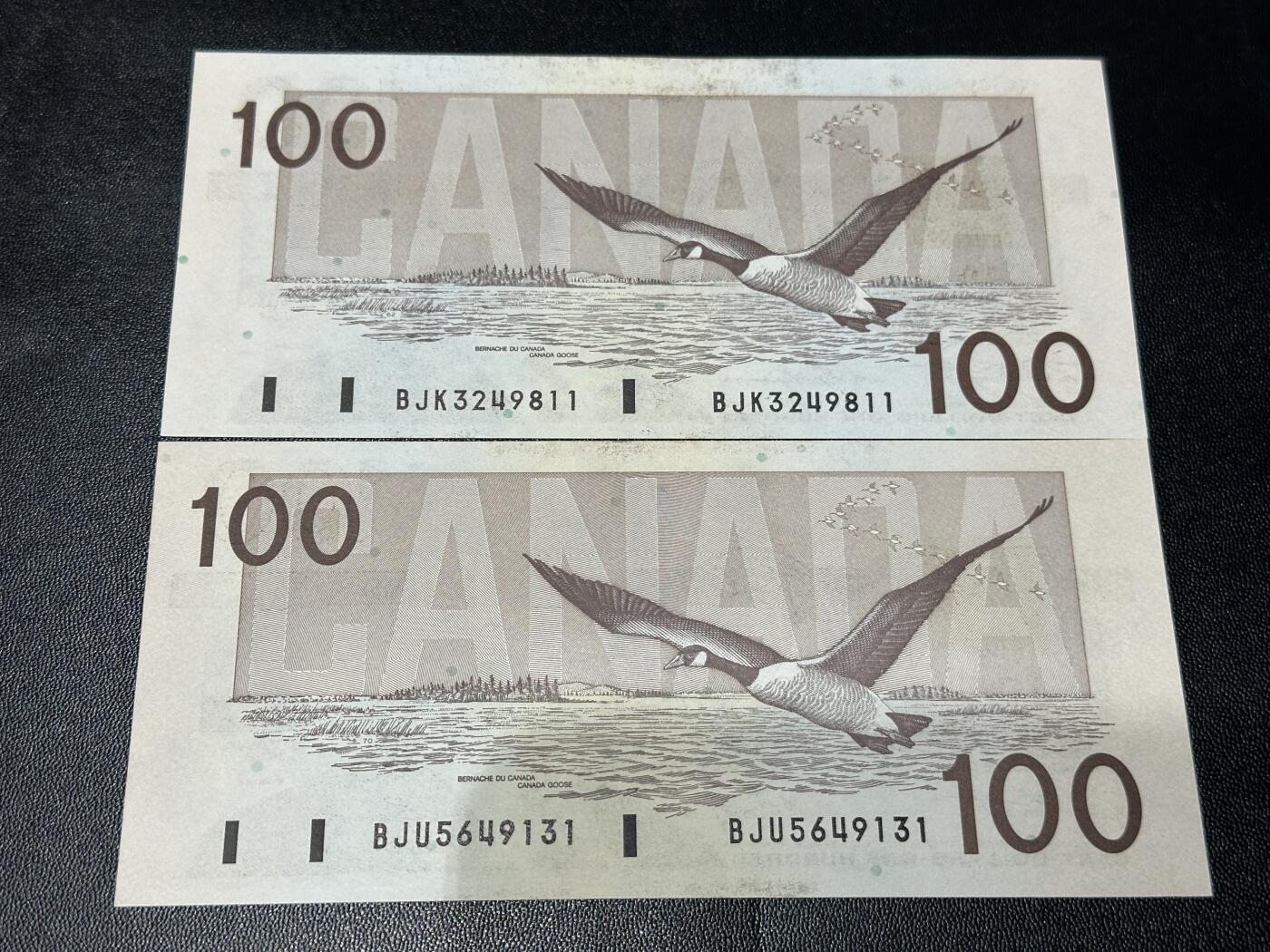 《外钞收藏家》第六百零四期（精品场）（本平台长期征集拍品、欢迎藏友们联系合作） 加拿大鸟100加元 2张一起2个签名 接近全新 边角有些瑕疵 潮点