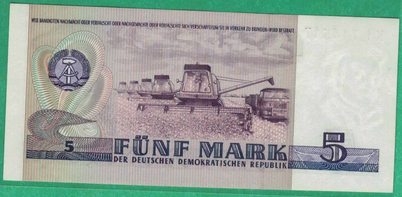 德国(东德 民主德国)1975年5马克 P-27a 初版宽序列号 实物图 UNC 