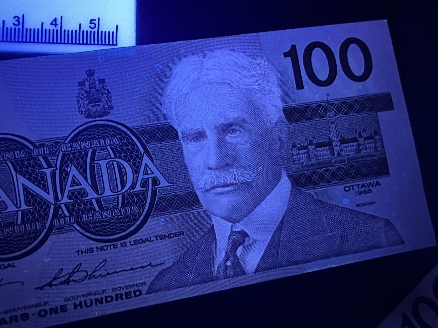 《外钞收藏家》第六百零四期（精品场）（本平台长期征集拍品、欢迎藏友们联系合作） 加拿大鸟100加元 2张一起2个签名 接近全新 边角有些瑕疵 潮点