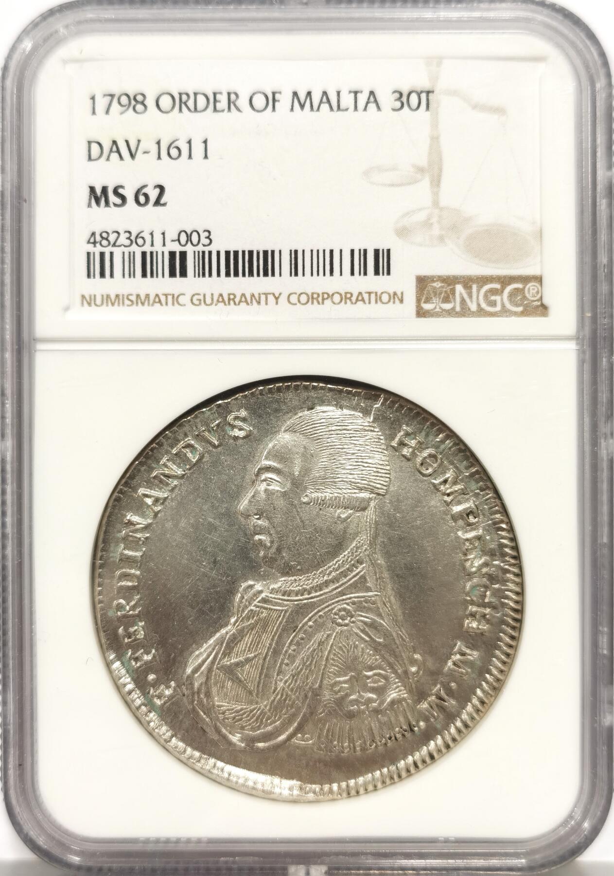 博洋堂世界钱币拍卖第158期（全场包邮） NGC MS62 1798年马耳他骑士团30T大银币 全深打，徽章、纹饰清晰，几乎没有减重痕，同分里的战斗机