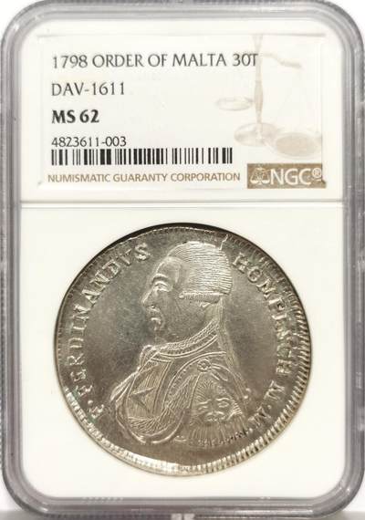 博洋堂世界钱币拍卖第158期（全场包邮） - NGC MS62 1798年马耳他骑士团30T大银币 全深打，徽章、纹饰清晰，几乎没有减重痕，同分里的战斗机
