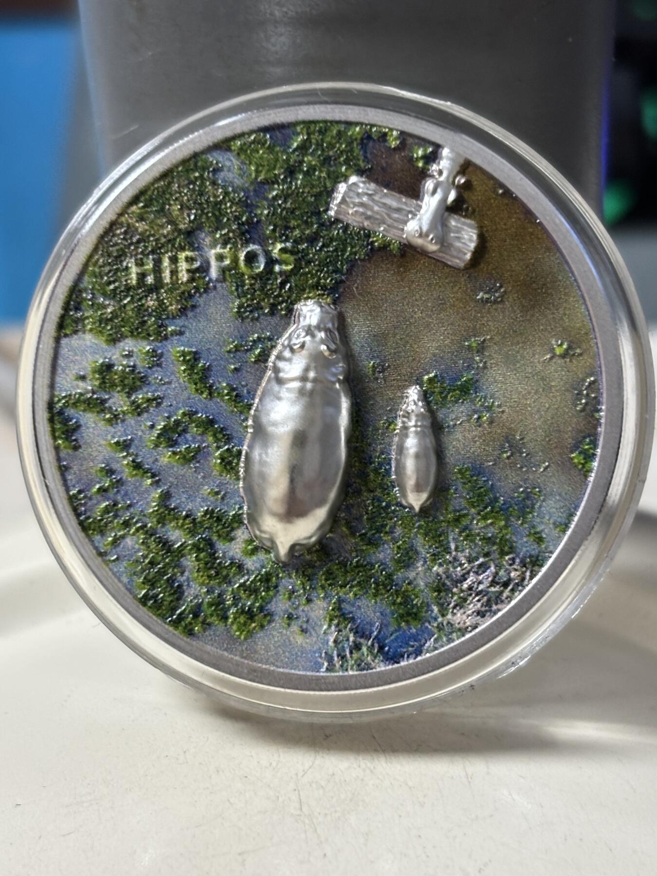 第189期拍卖 帕劳2023年危险动物河马1盎司双面高浮雕纪念彩色银币，999银，发行2023枚