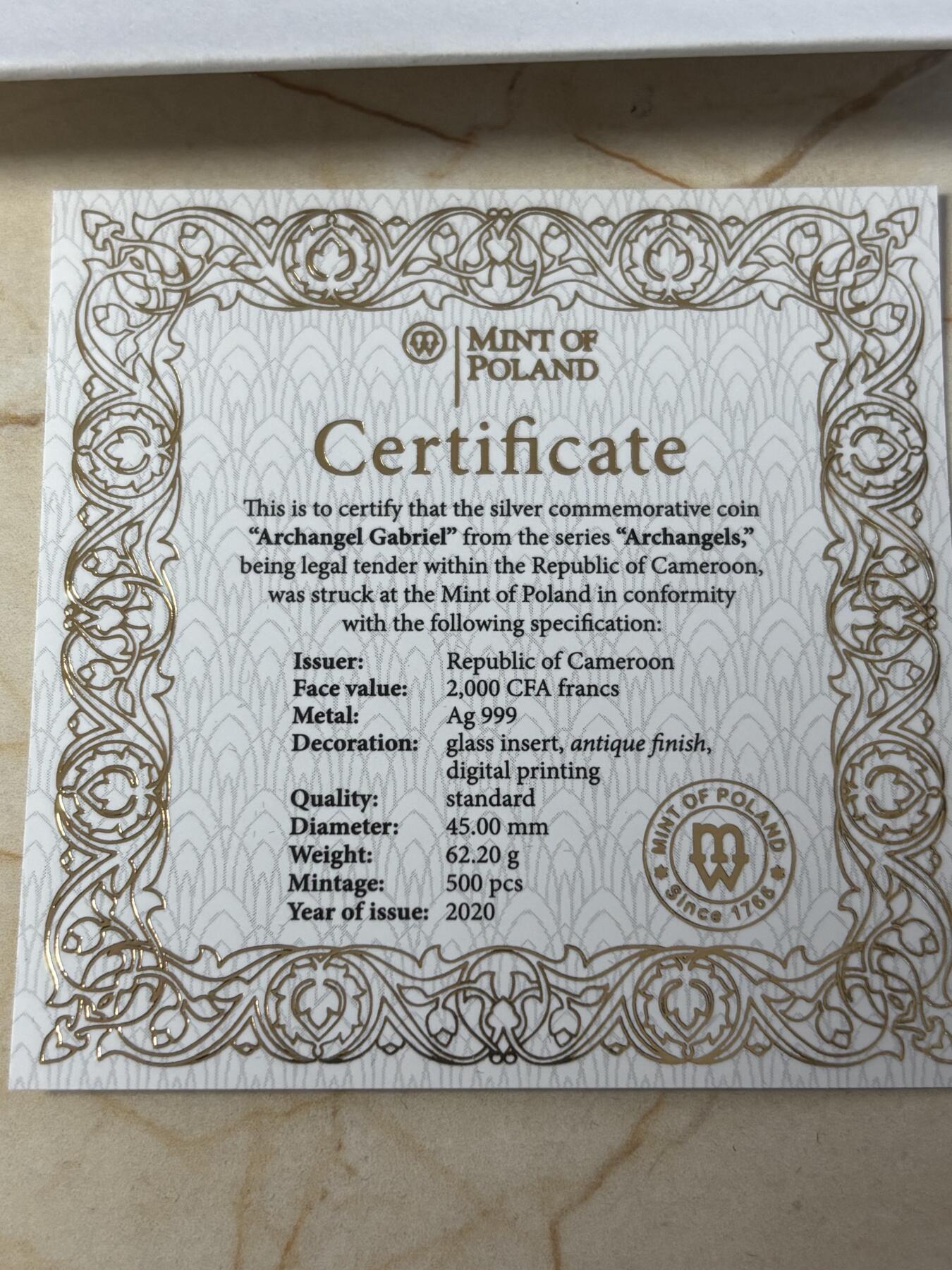第189期拍卖 喀麦隆2020年天使系列1加百列镶彩玻璃2盎司银币，999银，发行500枚