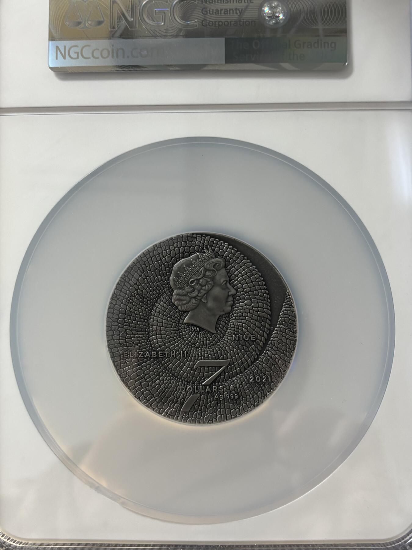 第189期拍卖 纽埃2021年神奇动物系列变色龙3盎司彩色珐琅银币NGC-MS70无盒无证书，999银，3盎司，发行421枚