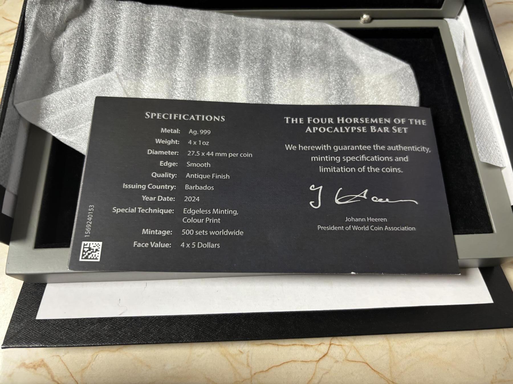 第189期拍卖 巴巴多斯2024年天启四骑士见证末日降临条形银币套，999银，1盎司*4，发行500套