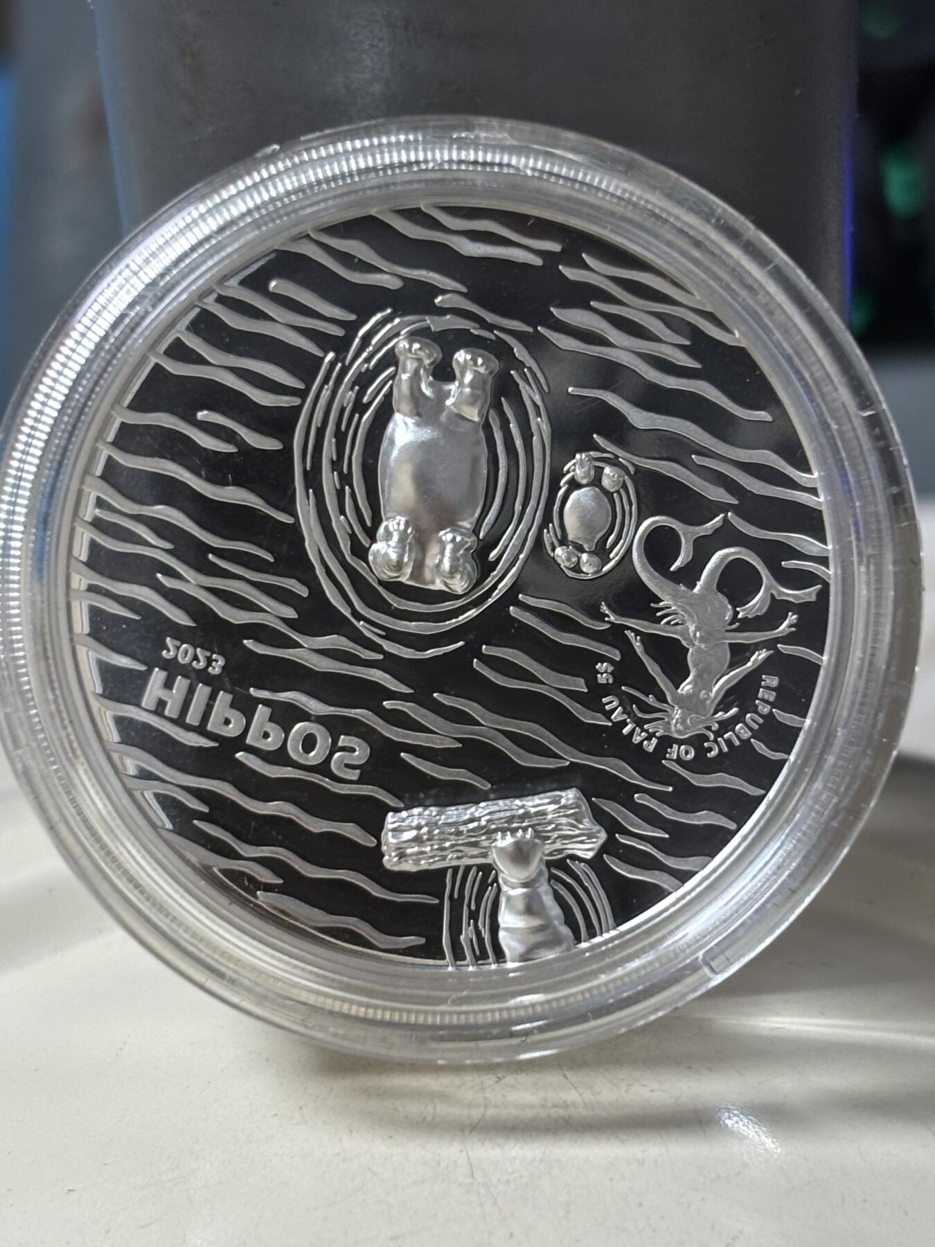 第189期拍卖 帕劳2023年危险动物河马1盎司双面高浮雕纪念彩色银币，999银，发行2023枚