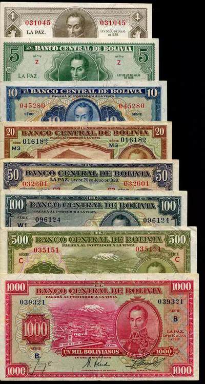 1月21号晚上8点 外国纸币自动截拍第10场 - 玻利维亚 1928年1.5.10.20.50.100.500.1000诺 极美品大全套