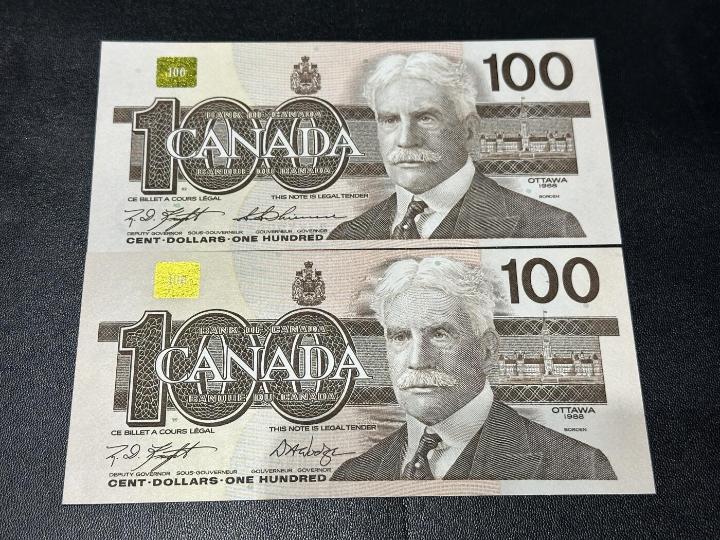 《外钞收藏家》第六百零四期（精品场）（本平台长期征集拍品、欢迎藏友们联系合作） 加拿大鸟100加元 2张一起2个签名 接近全新 边角有些瑕疵 潮点