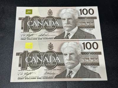 《外钞收藏家》第六百零四期（精品场）（本平台长期征集拍品、欢迎藏友们联系合作） - 加拿大鸟100加元 2张一起2个签名 接近全新 边角有些瑕疵 潮点