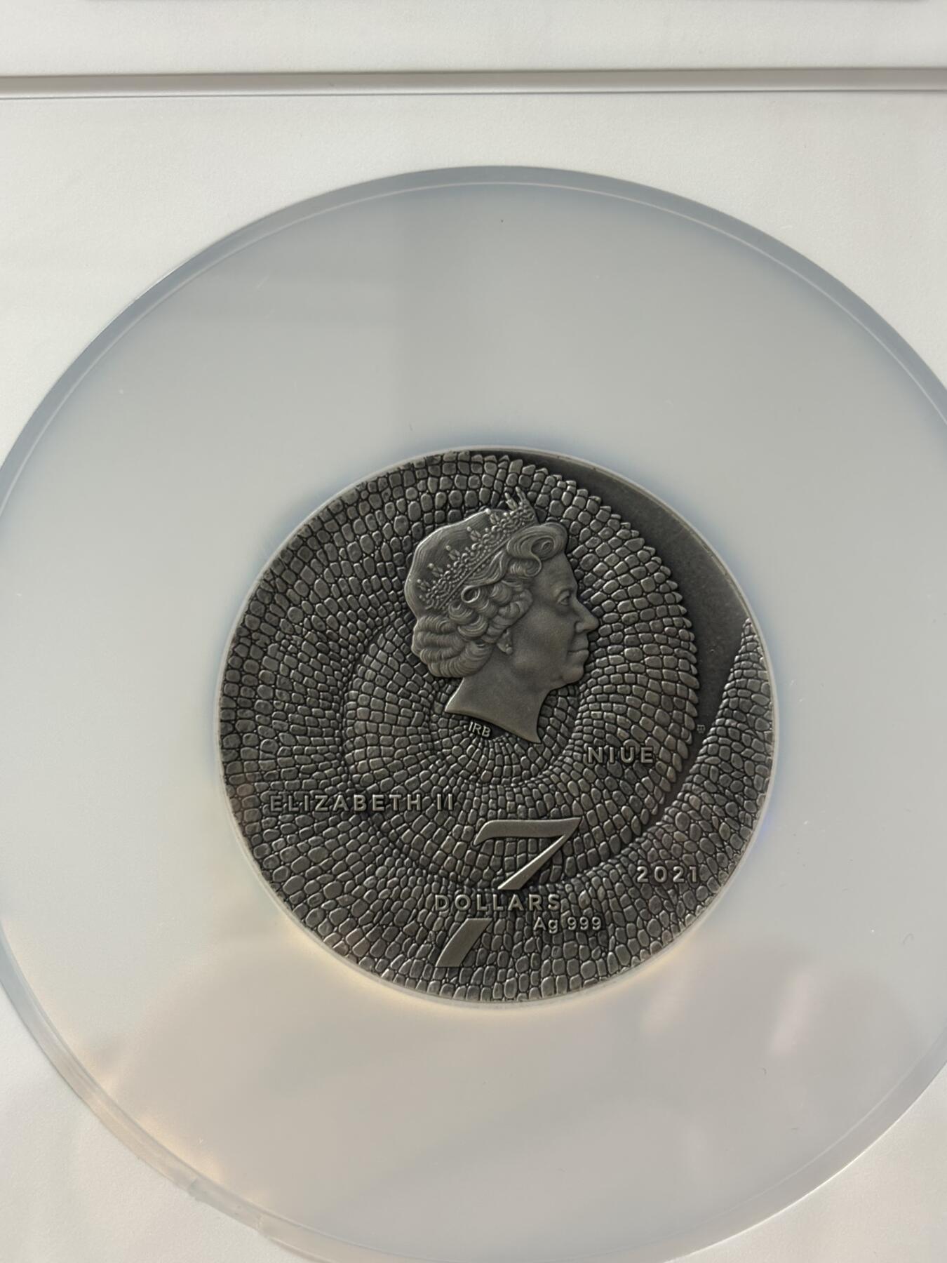 第189期拍卖 纽埃2021年神奇动物系列变色龙3盎司彩色珐琅银币NGC-MS70无盒无证书，999银，3盎司，发行421枚