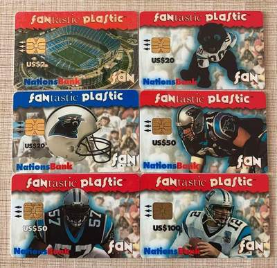 《卡拍》第343期拍卖1月24日晚22：10时延时截拍 - 美国国家银行现金IC卡《美国职业橄榄球联盟黑豹队96-97赛季、粉丝俱乐部、新体育场等》六枚旧卡，四枚卡背面为体育场拼图图案，芯片有氧化，中上品。