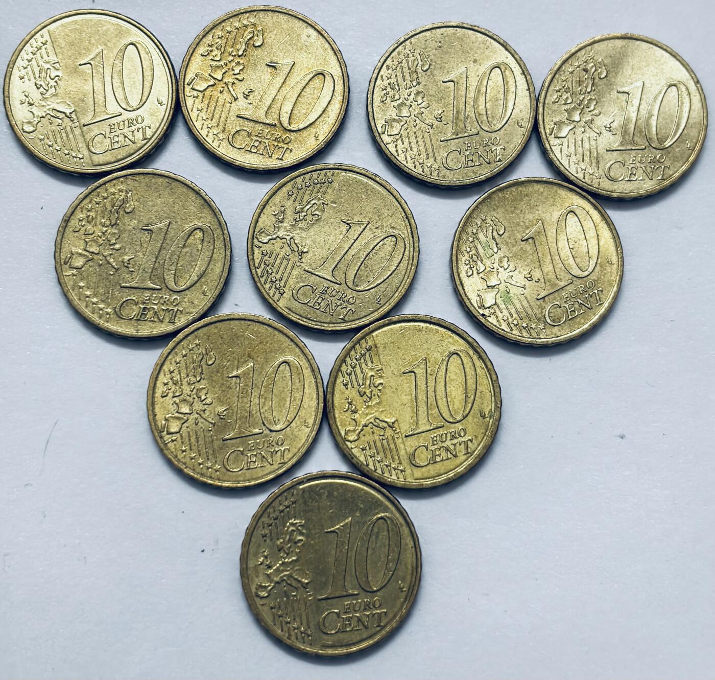 文馨钱币收藏 2026新年第四场（第 290 场）【长期接代拍品】 原铜光品相欧盟 10 欧分一组 10 枚（拉脱维亚，意大利，德国，法国，西班牙，爱尔兰）