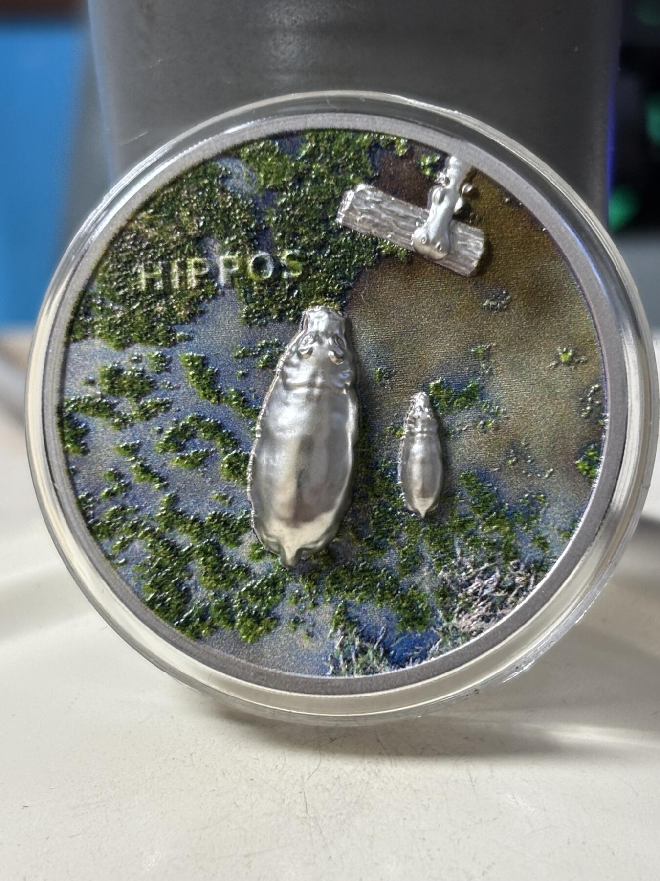 第189期拍卖 帕劳2023年危险动物河马1盎司双面高浮雕纪念彩色银币，999银，发行2023枚