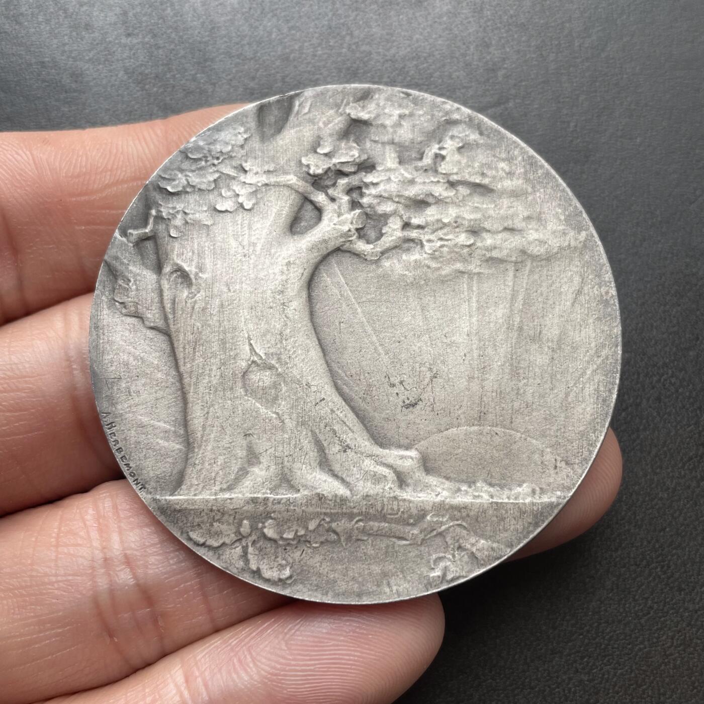 「木头集藏」章牌精品专场！ Albert Herbemont～法国现代教育协会银章 ，直径：50 mm，64 g，边铭：丰饶角 1ARGENT。少见的银章品种。正面女神把橄榄枝放在学生的书桌上，背面旭日东升，橡树枝繁叶茂。表面采用磨砂工艺，有一些氧化形成的深色纹路，不是划痕，实物品相很好。