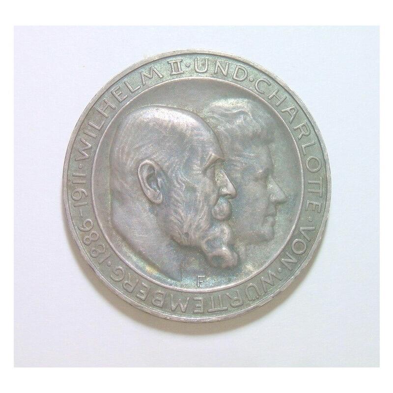 【银】德国符腾堡1911年威廉二世银婚3马克银币 酱五彩爽品