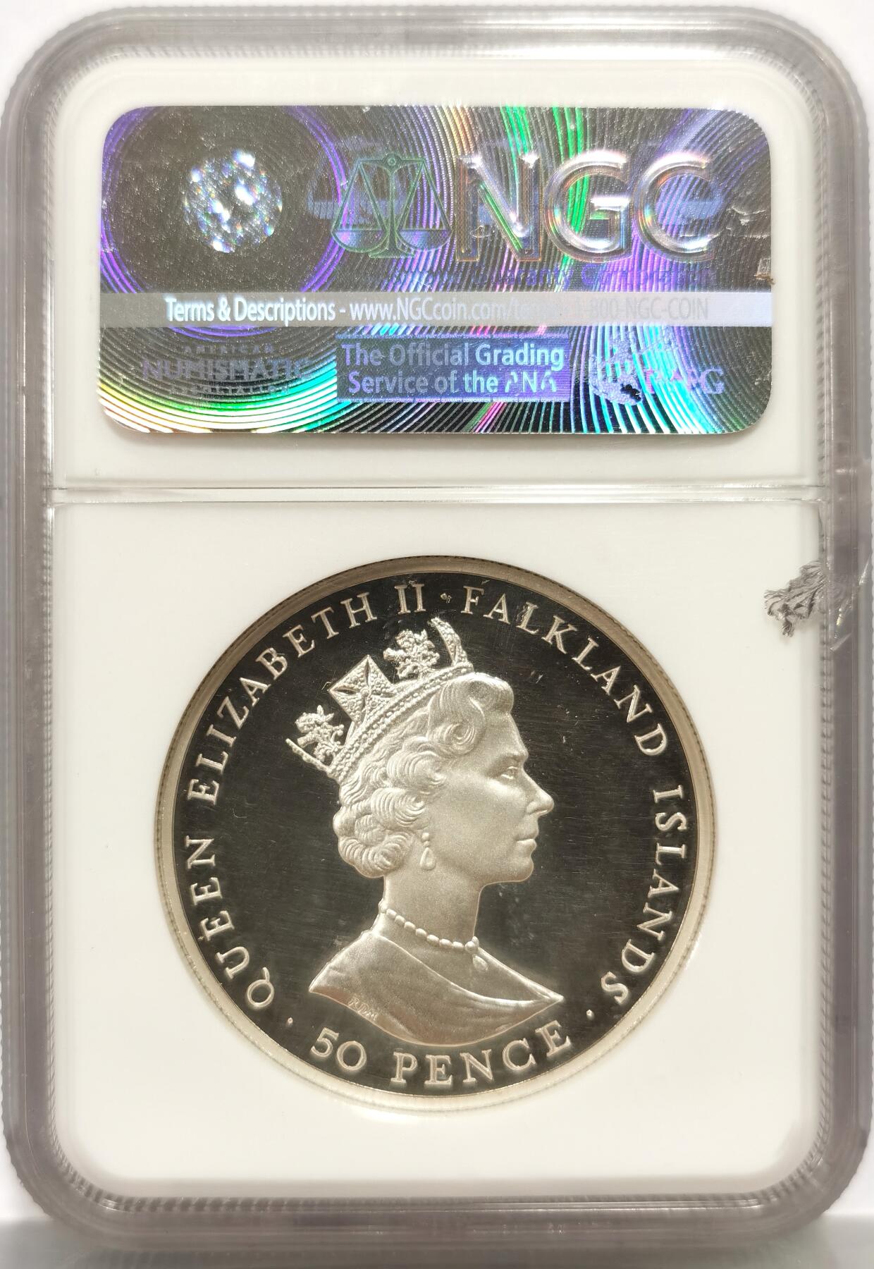 博洋堂世界钱币拍卖第158期（全场包邮） NGC PF69UC 冠军分！1992年福克兰群岛（英属）50便士加厚精制银币 女王统治40年 925银56.56克 发行量：750