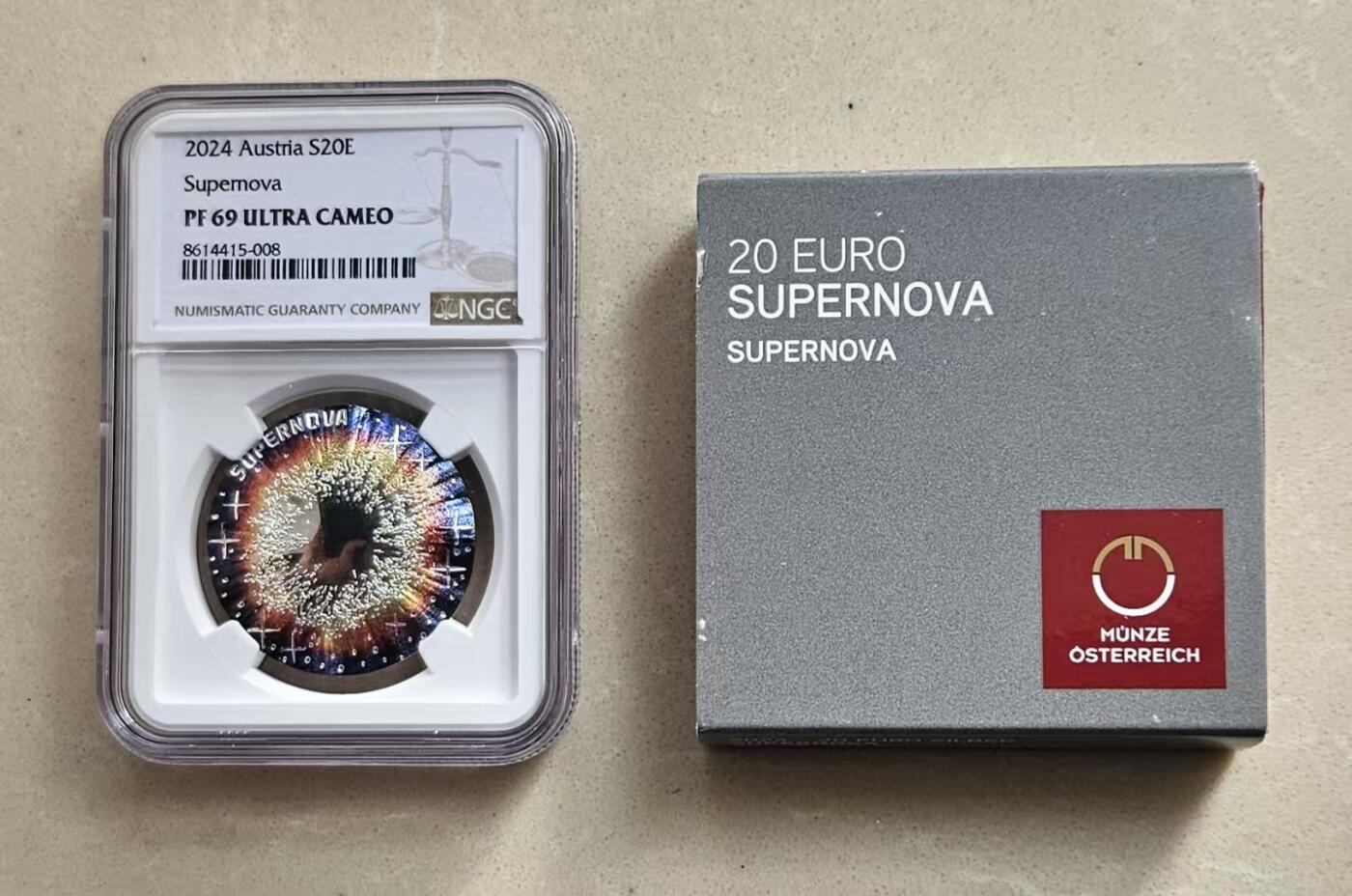 ❤️【币观天下】❤️ 第340期钱币拍卖- 2026.1.23周五晚上6点半场-长期征集拍品 克劳斯获奖币奥地利2024年超新星彩色银币NGC评级币带证书包装