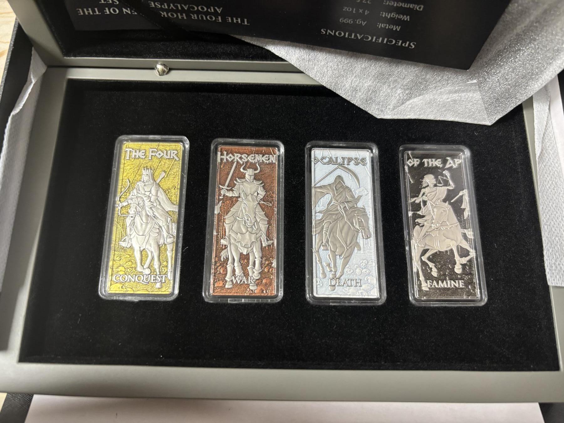 第189期拍卖 巴巴多斯2024年天启四骑士见证末日降临条形银币套，999银，1盎司*4，发行500套