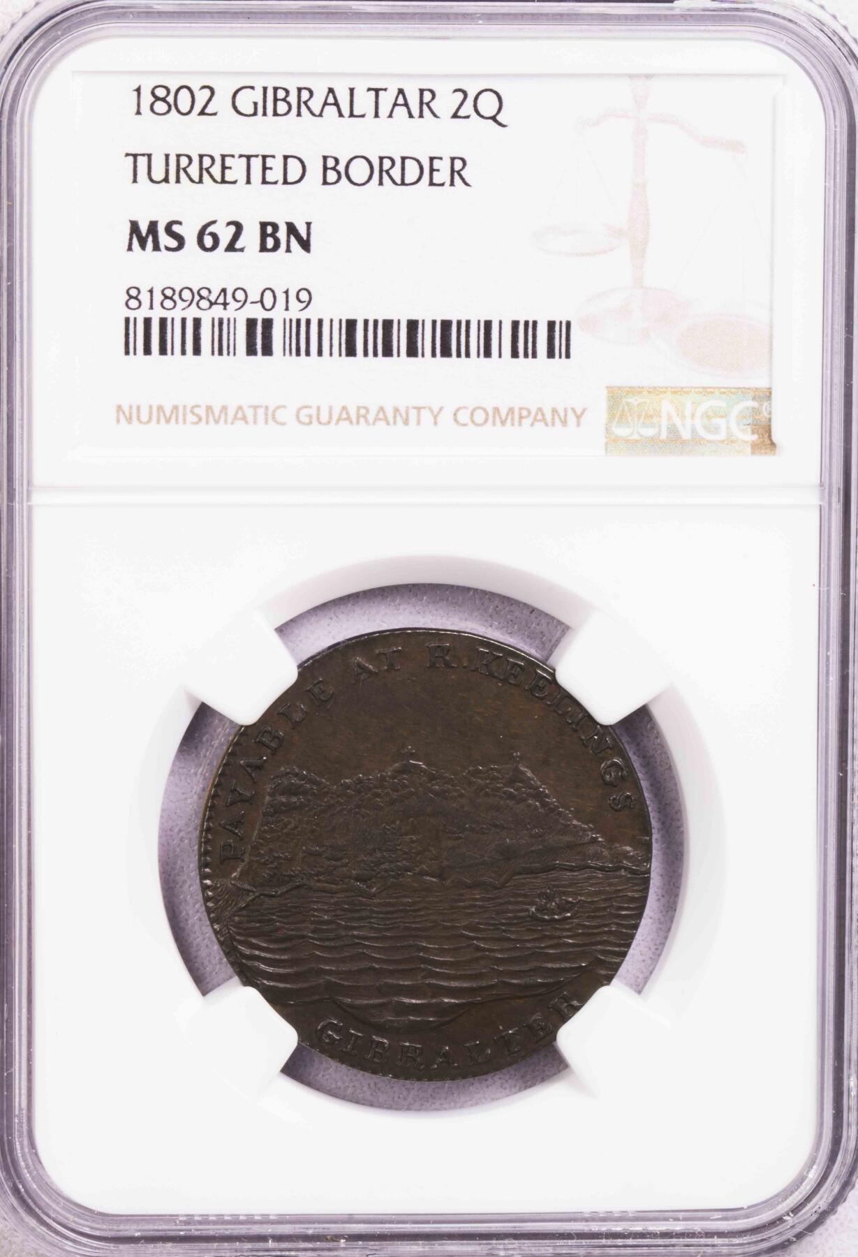 NGC-MS62BN 1802直布罗陀城市景观2夸特铜币 冠军分