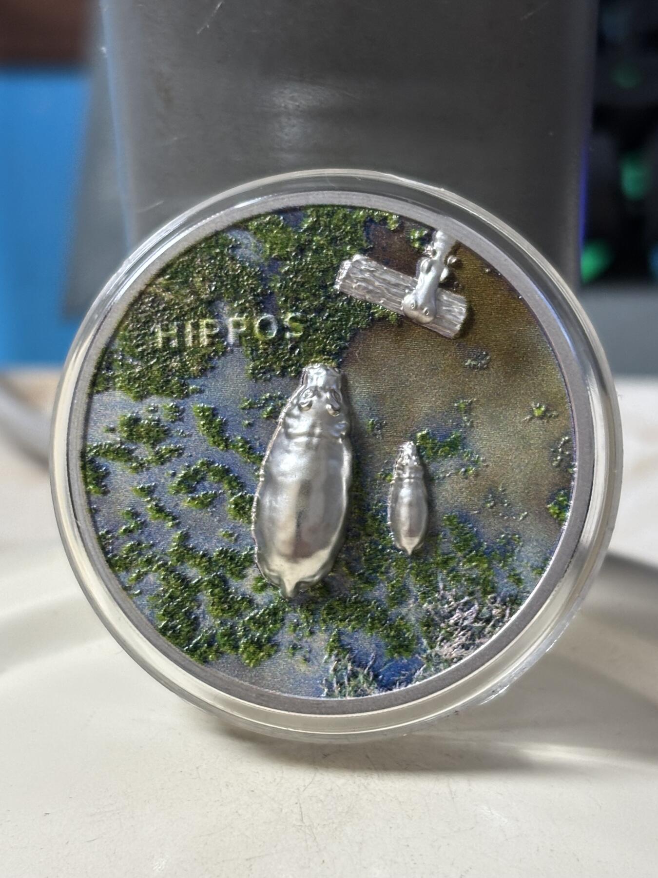 第189期拍卖 帕劳2023年危险动物河马1盎司双面高浮雕纪念彩色银币，999银，发行2023枚