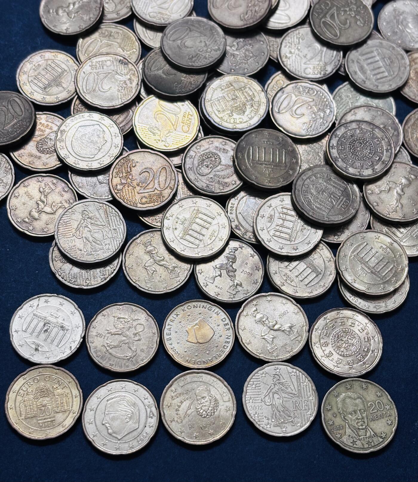 文馨钱币收藏 2026新年第四场（第 290 场）【长期接代拍品】 欧盟各国 20 欧分一组 100 枚，几乎都是带光，原光品，最少有十个国家货币，配套的不要错过了