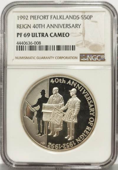 博洋堂世界钱币拍卖第158期（全场包邮） - NGC PF69UC 冠军分！1992年福克兰群岛（英属）50便士加厚精制银币 女王统治40年 925银56.56克 发行量：750