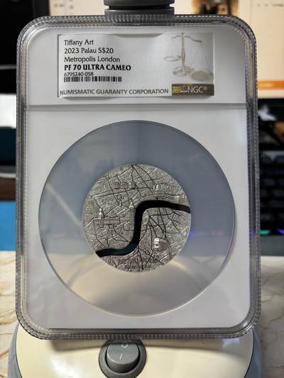 第189期拍卖 - 帕劳2023年城市蒂凡尼伦敦镶玻璃纪念银币NGC-PF70无盒无证书，999银，3盎司，发行999枚