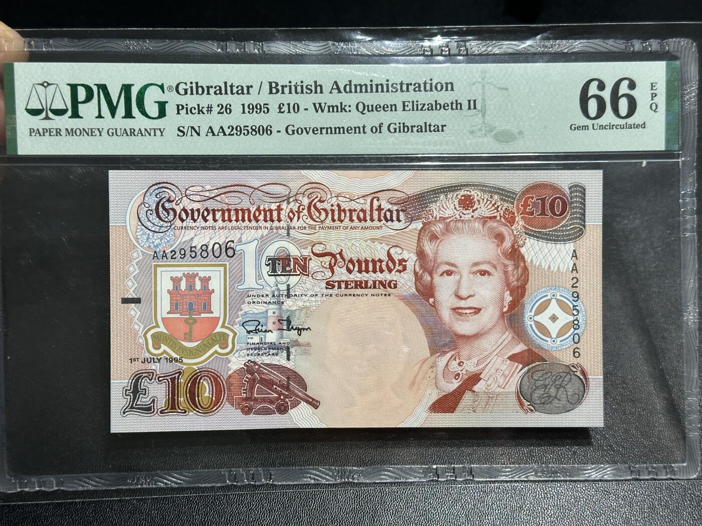 《外钞收藏家》第六百零四期（精品场）（本平台长期征集拍品、欢迎藏友们联系合作） 1995年直布罗陀10镑 PMG66 AA冠 无47