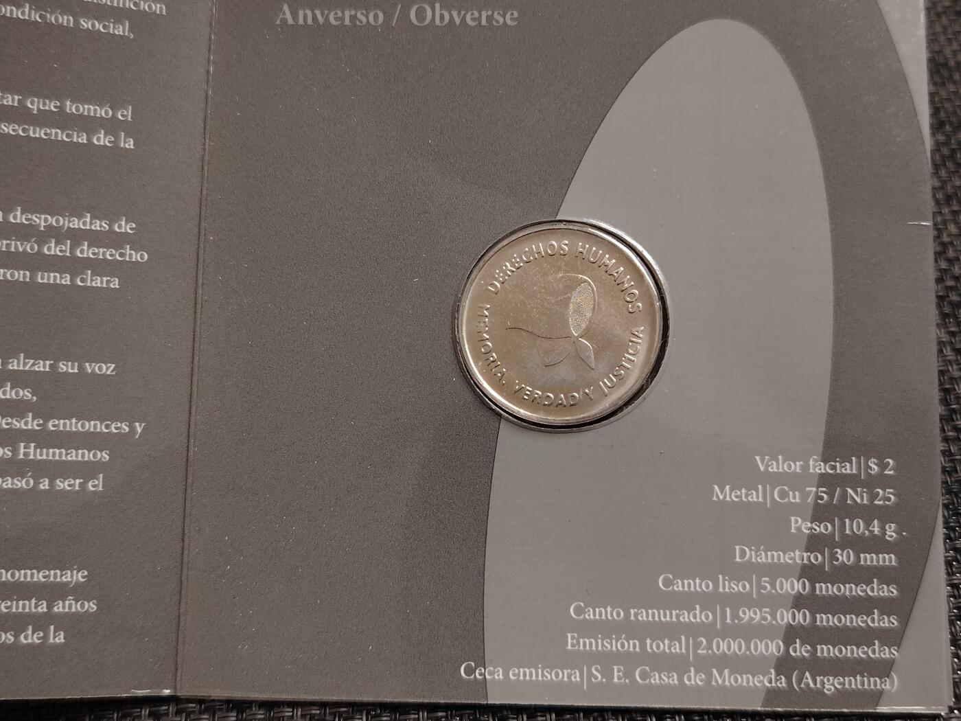 布加迪🐬～世界钱币(上海)🌾第 271 期 /  各国套币和散币 阿根廷🇦🇷 2006年 2比索卡装币 人权纪念