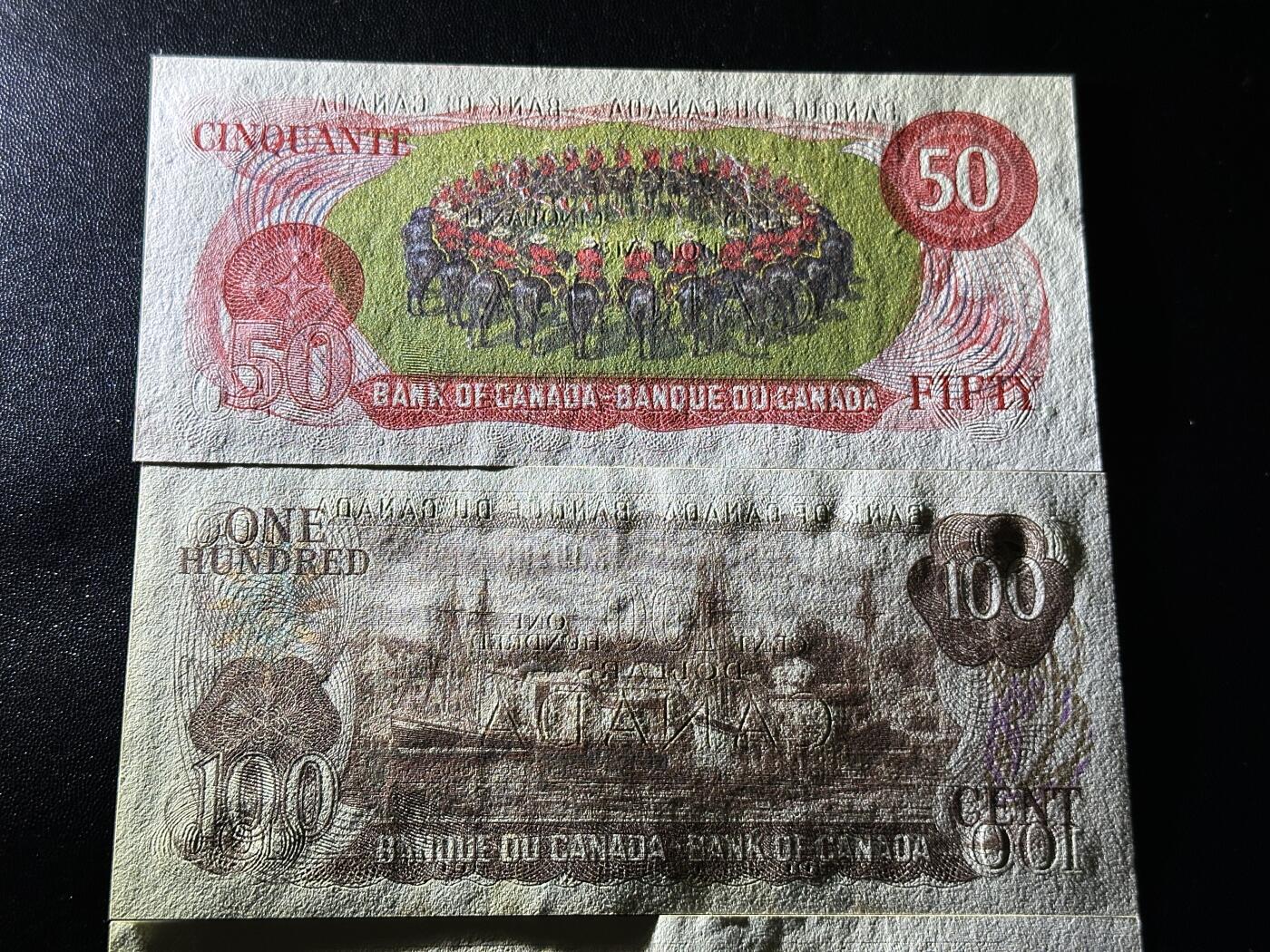 《外钞收藏家》第六百零四期（精品场）（本平台长期征集拍品、欢迎藏友们联系合作） 加拿大景观版50和100加元 三五张一起 全新 100加元边有轻微潮 一张有压印