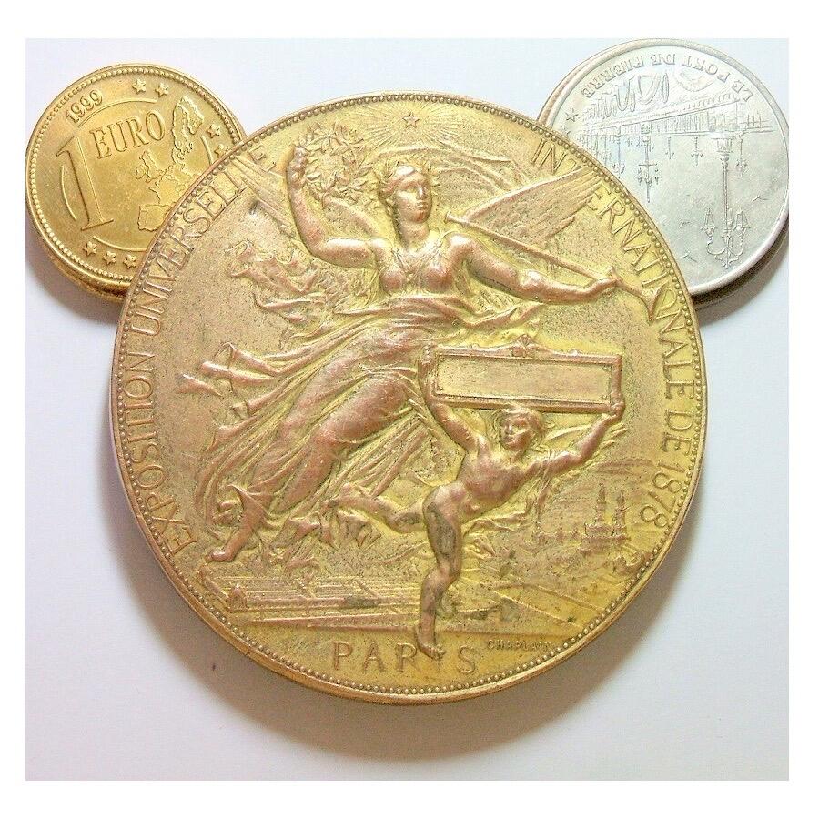 【旋风钱币】1月24日19:00准时开拍 精美欧洲币章、银币银章、第三帝国钱币等 全场包邮！ 【艺术】法国艺术大章1878年 女神+天使巴黎世博会高浮雕精制超大镀金章 68MM