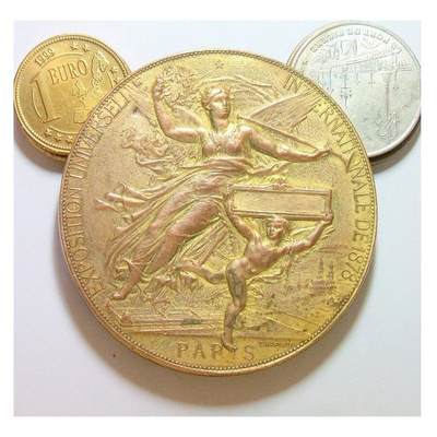 【旋风钱币】1月24日19:00准时开拍 精美欧洲币章、银币银章、第三帝国钱币等 全场包邮！ - 【艺术】法国艺术大章1878年 女神+天使巴黎世博会高浮雕精制超大镀金章 68MM