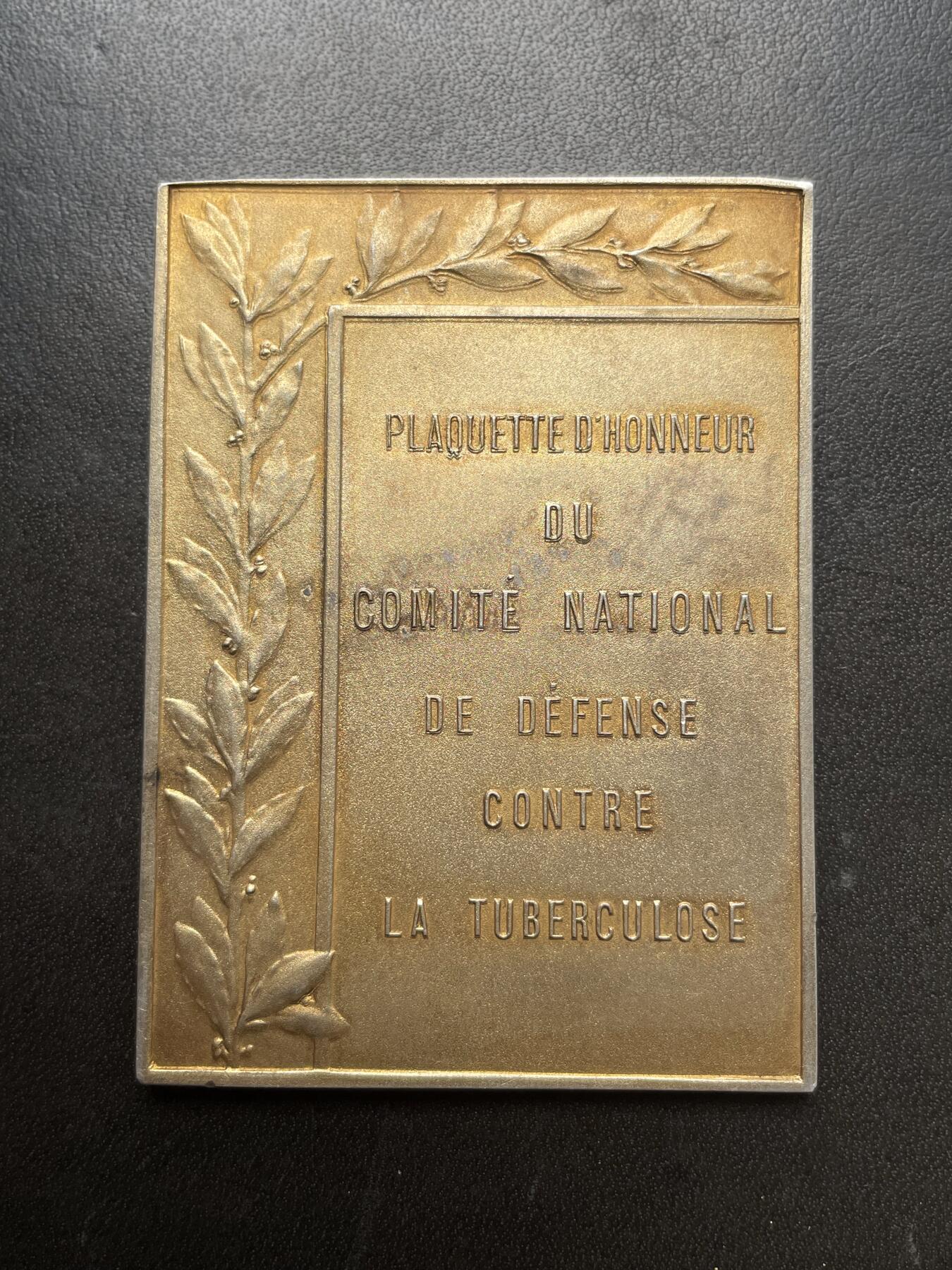 「木头集藏」章牌精品专场！ R. Michel～法国肺结核防治委员会镀金银章 ，尺寸：69x50 mm，83 g，边铭：菱形厂标 ARGENT 野猪头银标。法国肺结核防治委员会每年都会发行一款邮票，这枚章正面的图案就采用了1931年邮票的设计，因此这枚章很有可能是在1931年或者稍晚的年代铸造发行的。