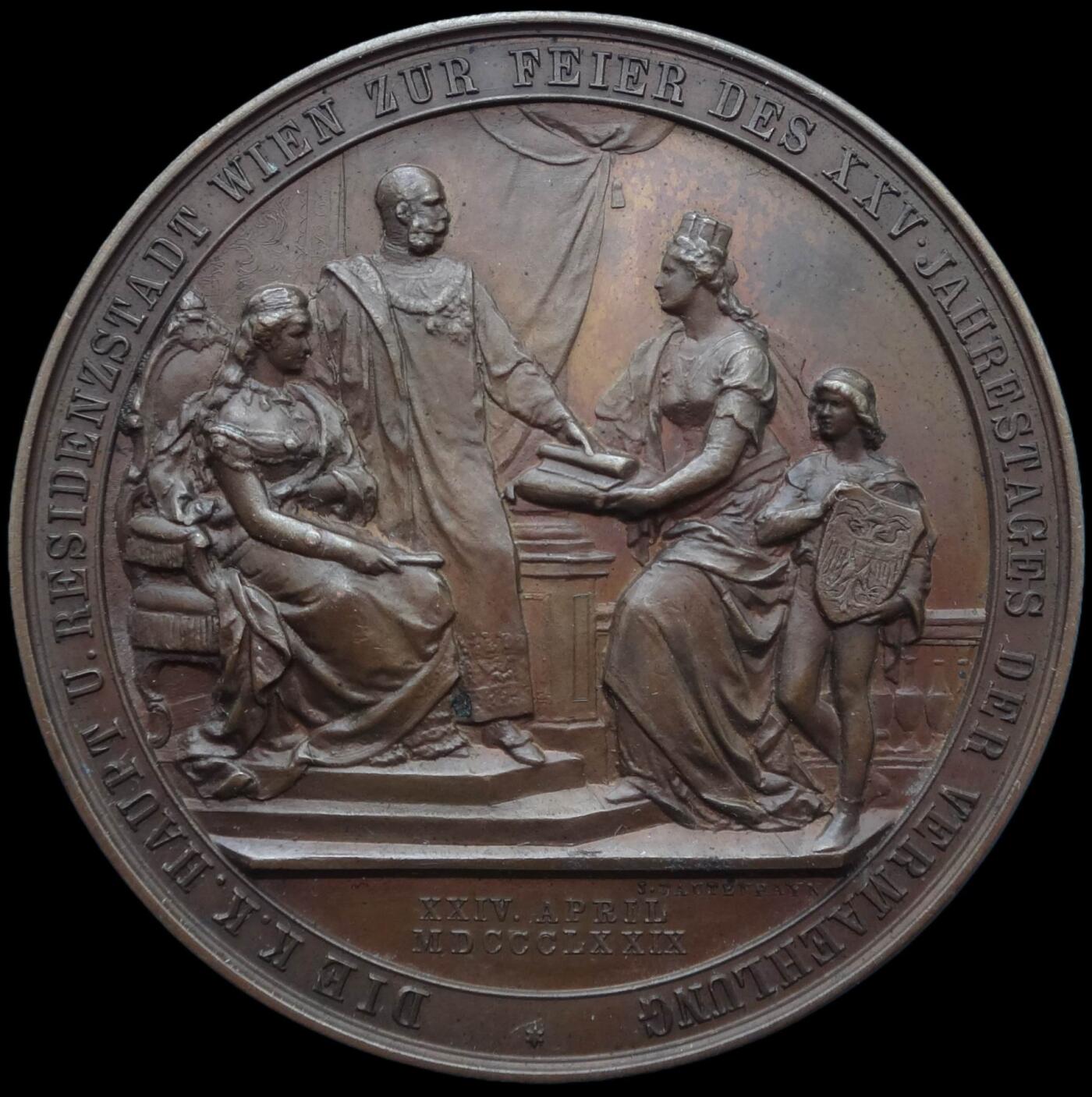 「木头集藏」章牌精品专场！ 1879年奥地利 弗朗茨皇帝银婚 纪念铜章，MS63 ，Anton Scharff和J. Tautenhayn联袂作品，50mm，品相很好。纪念弗朗茨皇帝和伊丽莎白皇后（就是大名鼎鼎的茜茜公主）结婚25周年。