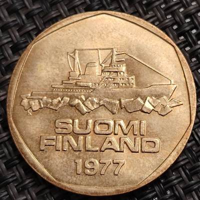 布加迪🐬～世界钱币(上海)🌾第 271 期 /  各国套币和散币 - 芬兰🇫🇮 1977年 5马克 破冰船