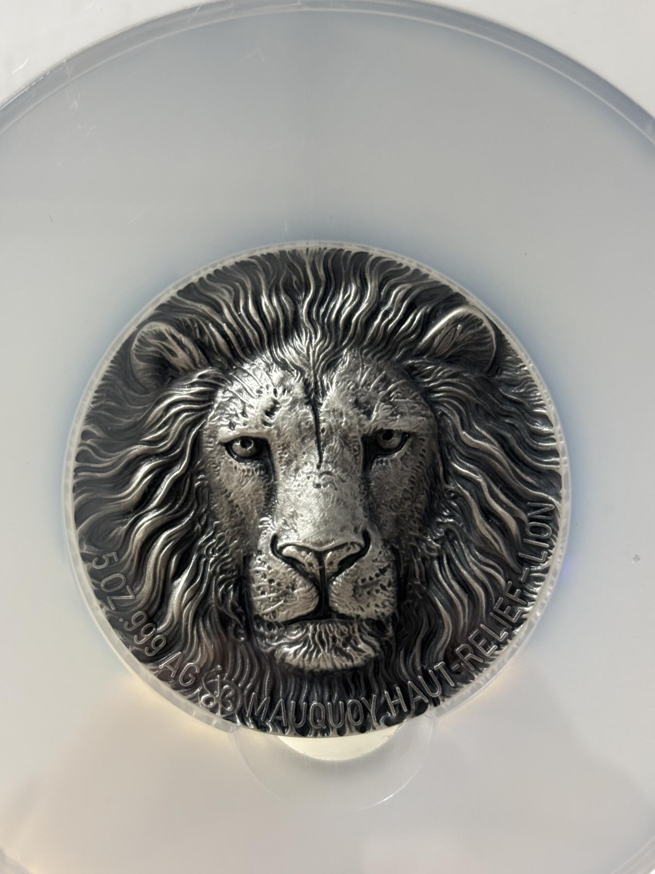 第189期拍卖 科特迪瓦2016年非洲五霸1狮子仿古5盎司银币NGC-MS69无盒无证书，999银，5盎司，发行999枚
