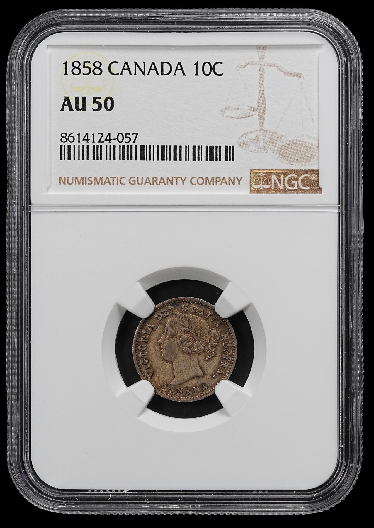 修遠堂世界钱币第102期 NGC AU50 1858年加拿大10分银币，首年份，书价高