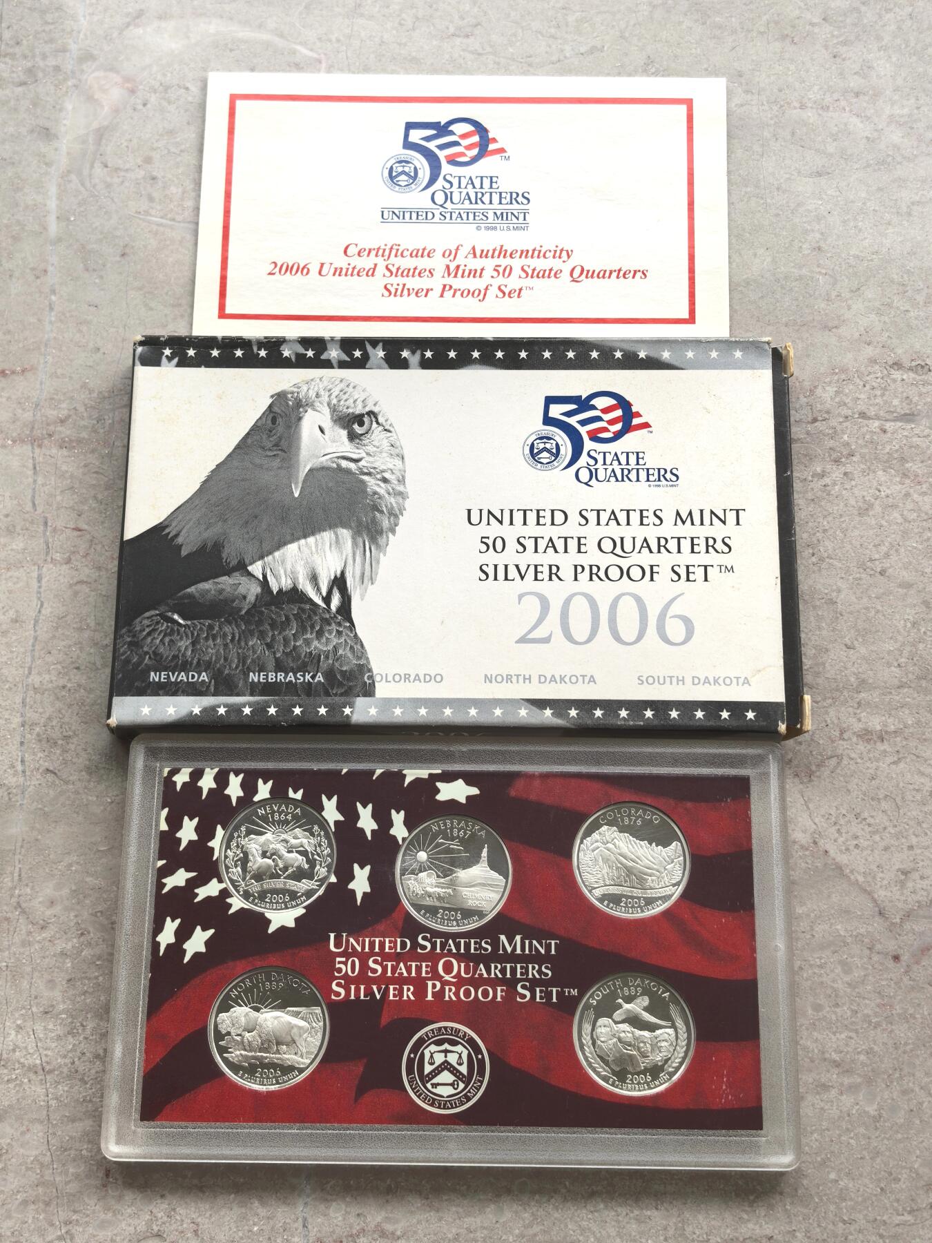 博洋堂世界钱币拍卖第158期（全场包邮） 2006年美国25美分精制银币套 美国50州系列-内华达/内布拉斯加/科罗拉多/南达科他/北达科他 盒证全