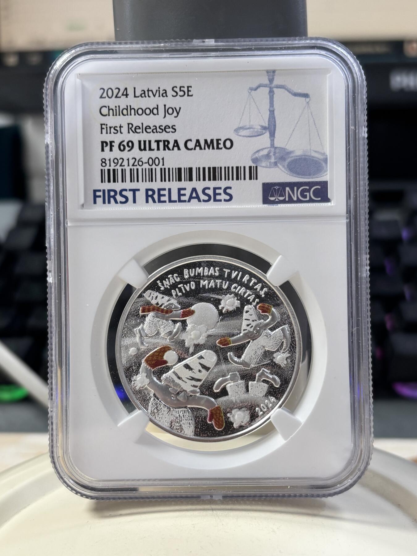 第189期拍卖 拉脱维亚2024年发行快乐童年5欧元局部彩色精制纪念银币NGC-PF69首无盒无证书，999银，22克，发行量4000枚