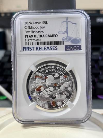 第189期拍卖 - 拉脱维亚2024年发行快乐童年5欧元局部彩色精制纪念银币NGC-PF69首无盒无证书，999银，22克，发行量4000枚