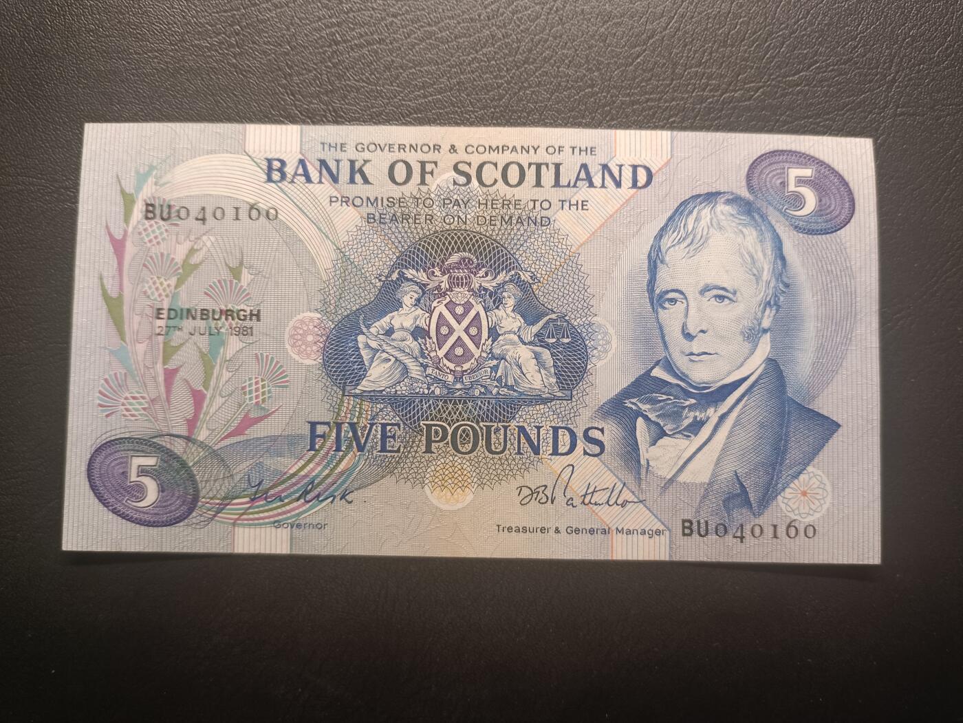 2026一月第四期，总214期 苏格兰银行1981年5镑UNC-，诗人沃尔特斯科特和帆船和杜卡特金币，早期品种