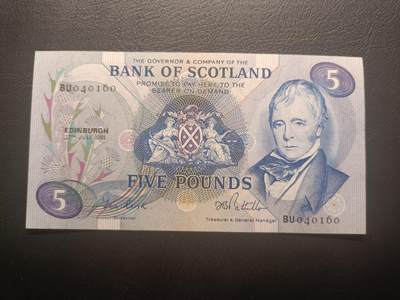 2026一月第四期，总214期 - 苏格兰银行1981年5镑UNC-，诗人沃尔特斯科特和帆船和杜卡特金币，早期品种