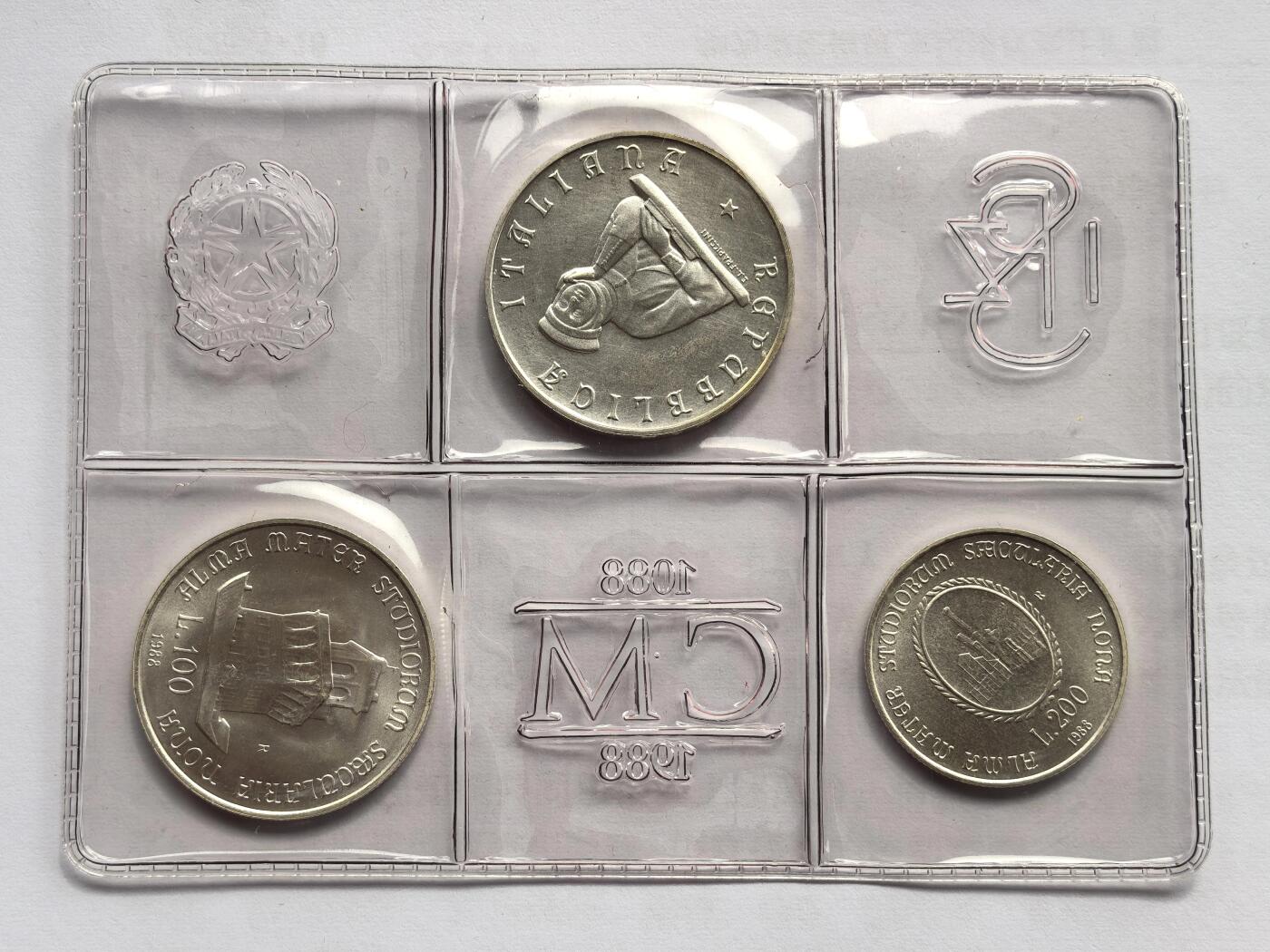 博洋堂世界钱币拍卖第158期（全场包邮） 1988年意大利500/200/100里拉普制银币套 博洛尼亚大学900周年纪念 11/8/5克835%银 原卡装带证