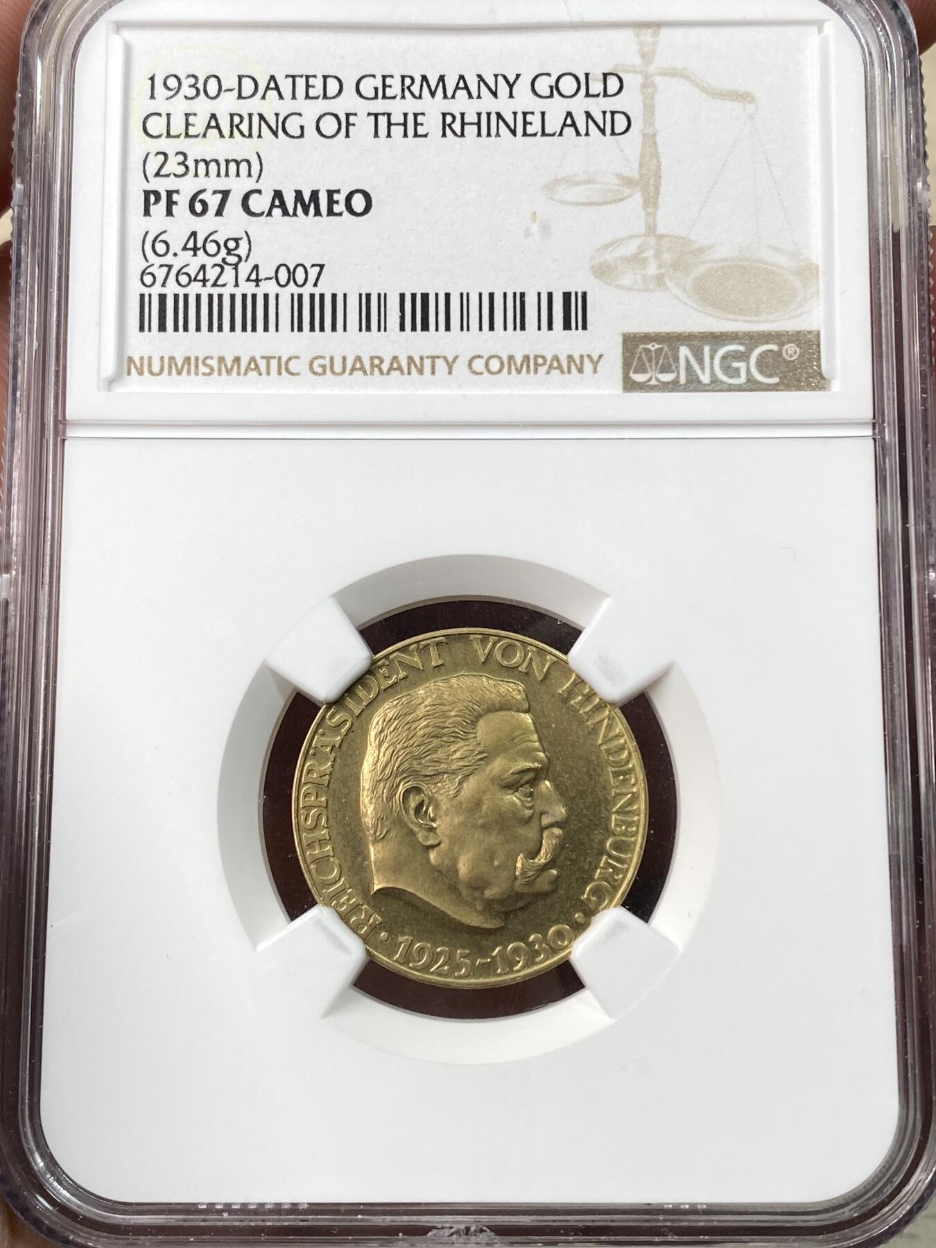 万国钱币拍卖第059期 NGC PF67CAM 1930年德国魏玛共和国兴登堡总统执政5周年暨收复莱茵兰地区纪念金章 深度镜面喷砂 GEM+无暇品相 罕见品种 NGC唯一冠军顶级典藏品质 22.62MM 6.46G 900金 