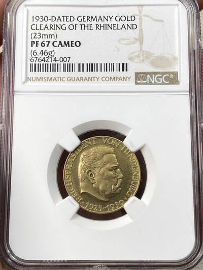 万国钱币拍卖第059期 - NGC PF67CAM 1930年德国魏玛共和国兴登堡总统执政5周年暨收复莱茵兰地区纪念金章 深度镜面喷砂 GEM+无暇品相 罕见品种 NGC唯一冠军顶级典藏品质 22.62MM 6.46G 900金 