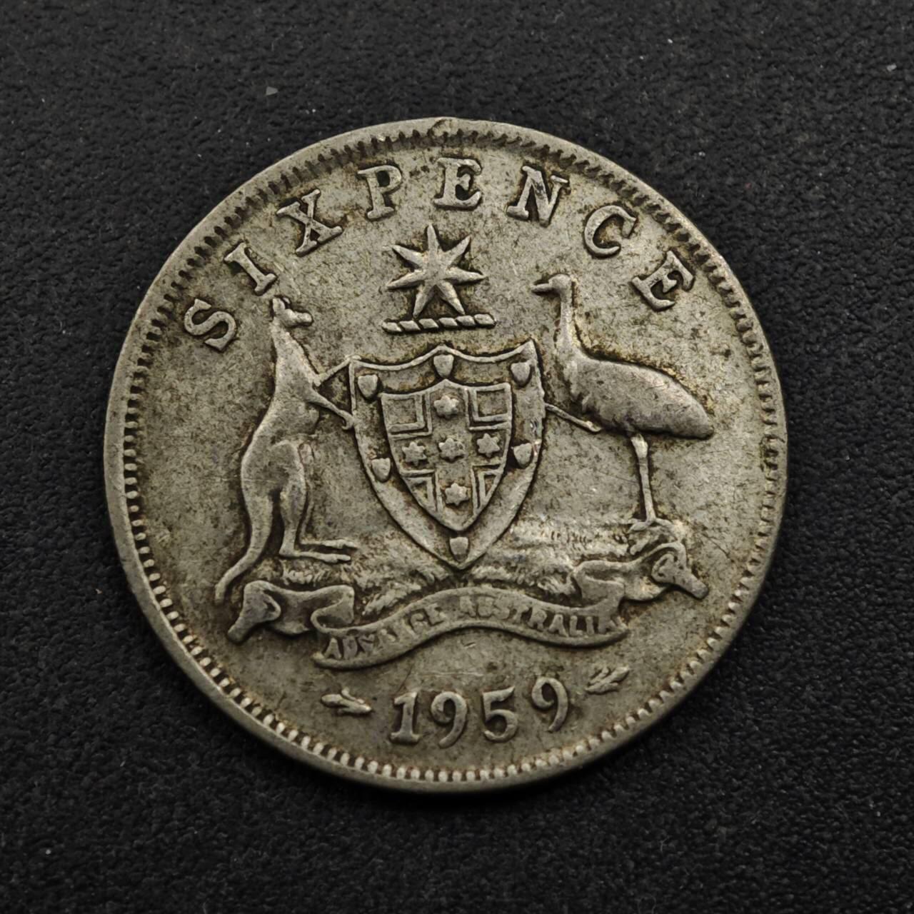 【淘币小摊】实时拍第八百五十三拍   散币银币场   满百包邮可预留二周 每周一统一发货   澳大利亚1959年伊丽莎白二世6便士银币