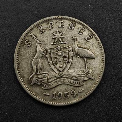 【淘币小摊】实时拍第八百五十三拍   散币银币场   满百包邮可预留二周 每周一统一发货   - 澳大利亚1959年伊丽莎白二世6便士银币