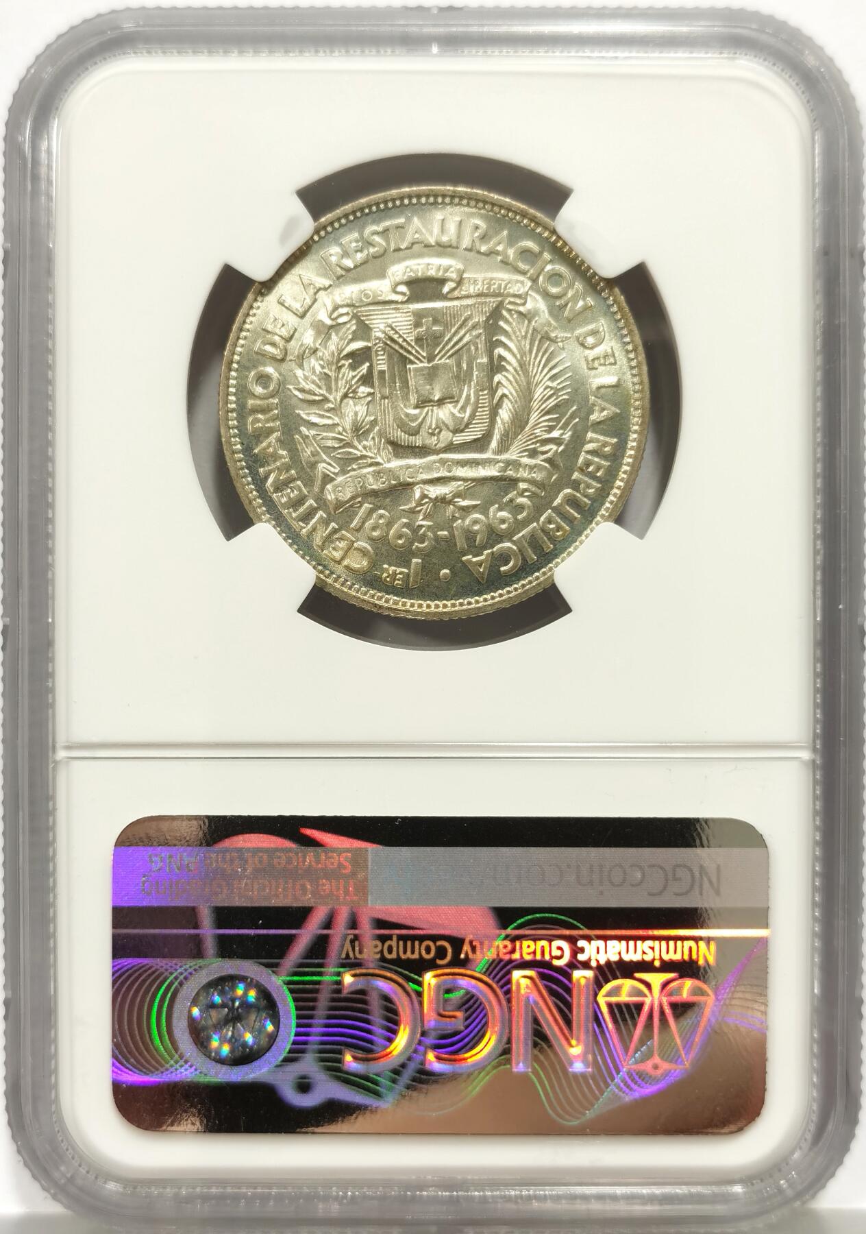 博洋堂世界钱币拍卖第158期（全场包邮） NGC MS65 多米尼加1963年百年纪念半比索银币，极美卷拆品相，少见品种，一步到位的状态。